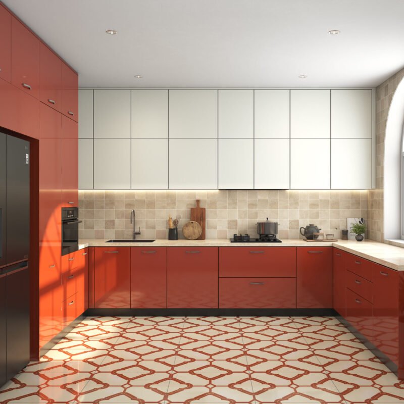 Bold Red and White Contemporary U-Shaped Kitchen Design