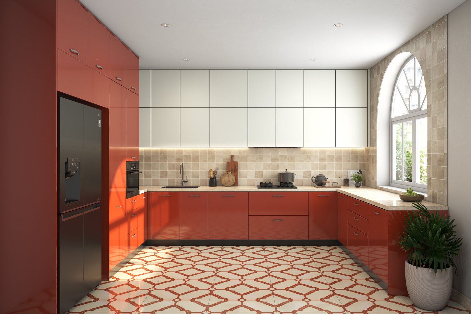 Bold Red and White Contemporary U-Shaped Kitchen Design