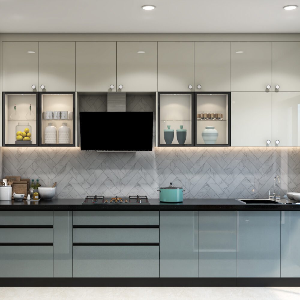 Modern Parallel Kitchen Design With Glossy Cabinets in Silver Frost and Champagne