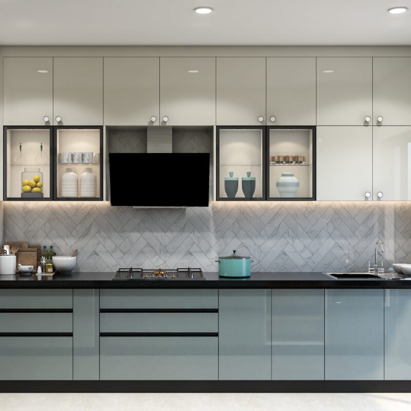 Modern Parallel Kitchen Design With Glossy Cabinets in Silver Frost and Champagne