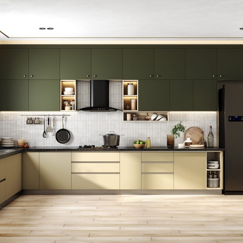 Earthy Toned Modern L-Shaped Kitchen Design with Warm Green Accents