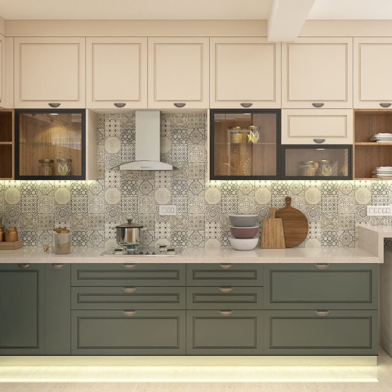 Classic L-Shaped Kitchen Design in Green and Cream With Quartz Countertop