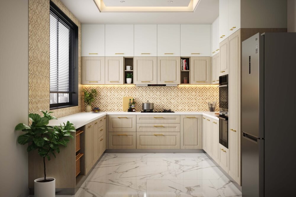 Classic U-Shaped Kitchen Design Gold Hardware and Quartz Counters