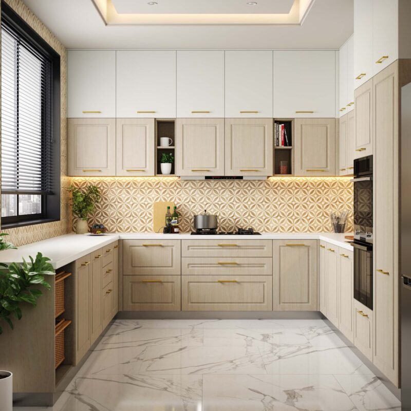 Classic U-Shaped Kitchen Design Gold Hardware and Quartz Counters