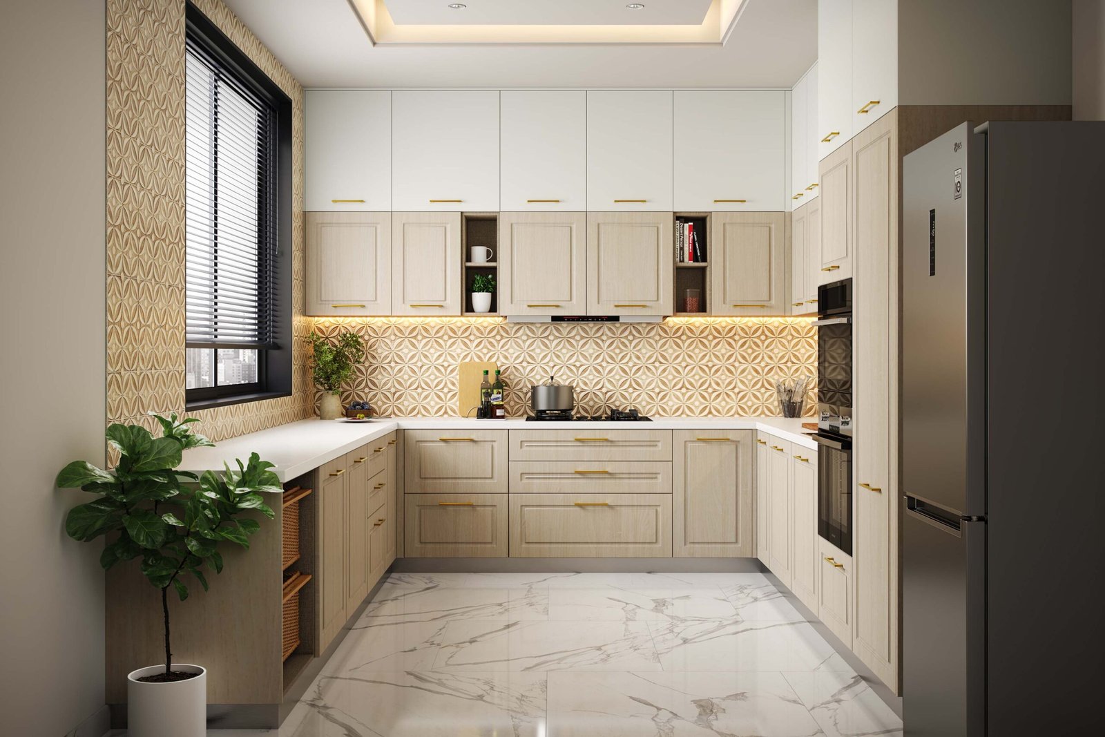 Classic U-Shaped Kitchen Design Gold Hardware and Quartz Counters