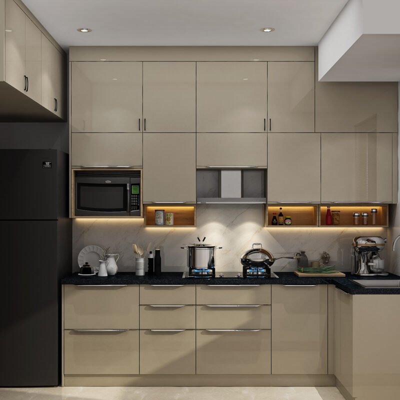 Contemporary L-Shaped Kitchen Design in Irish Cappuccino With PU Finish