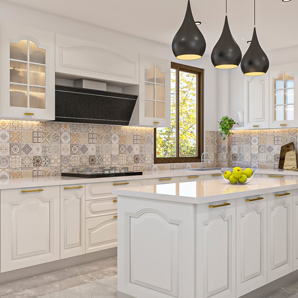 Classic Island Kitchen Design With Ornate White Cabinets and Marble Countertop