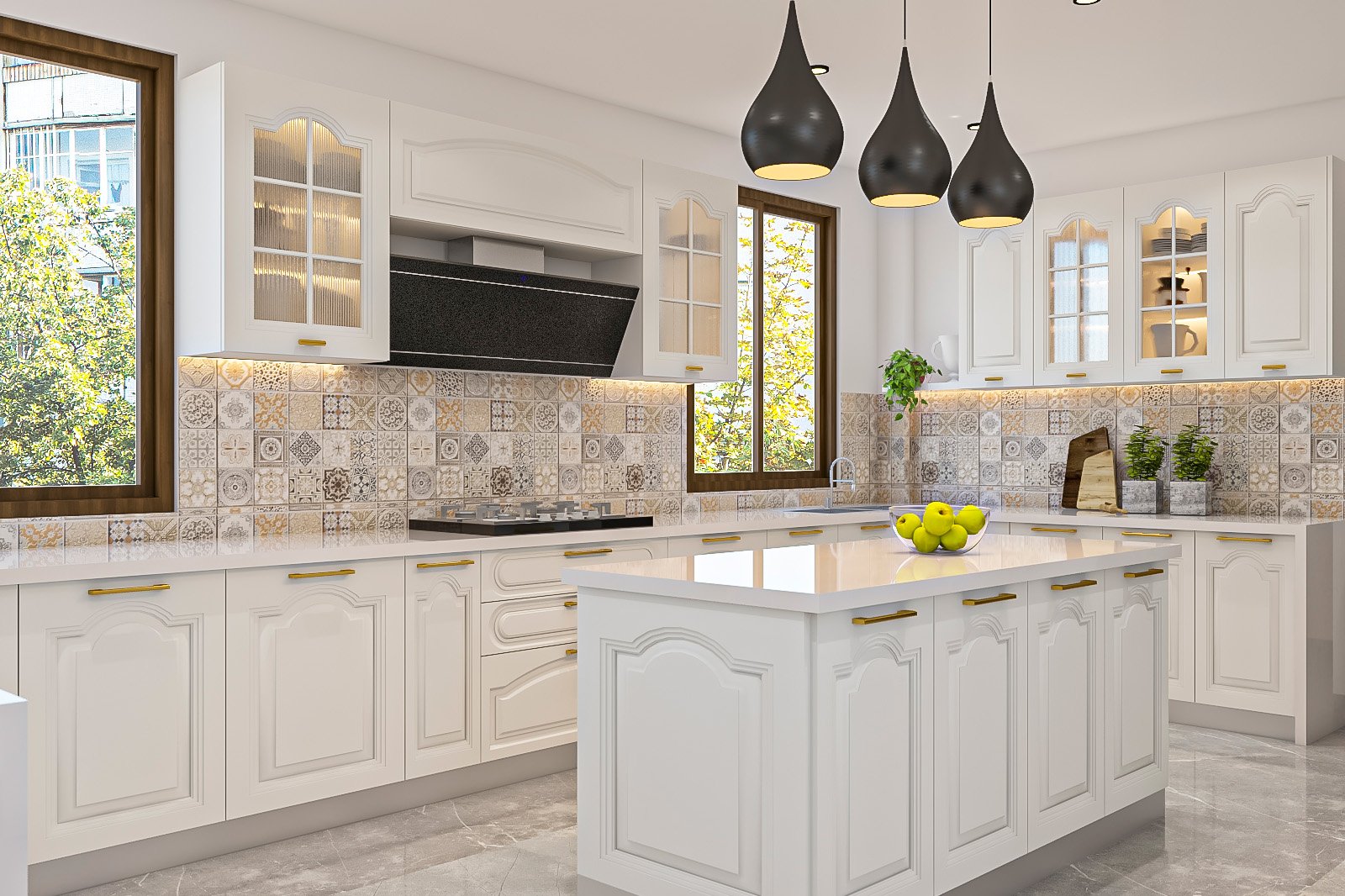 Classic Island Kitchen Design With Ornate White Cabinets and Marble Countertop