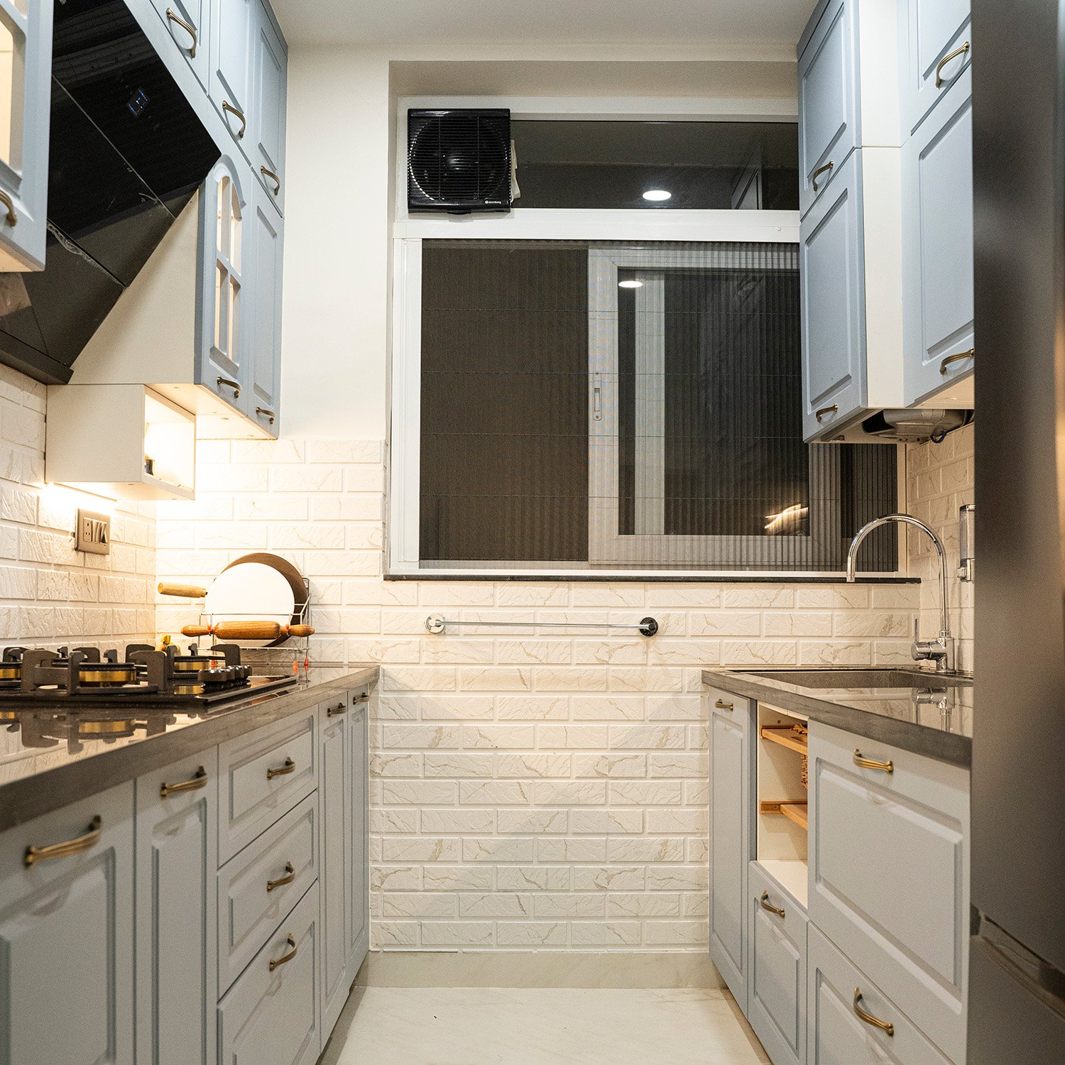 Classic Parallel Kitchen Design with Denim Suedette Cabinets