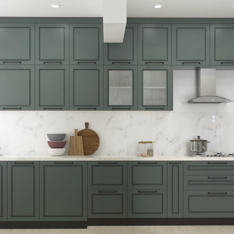 Classic L-Shaped Kitchen Design in Matte Green With Quartz Countertop