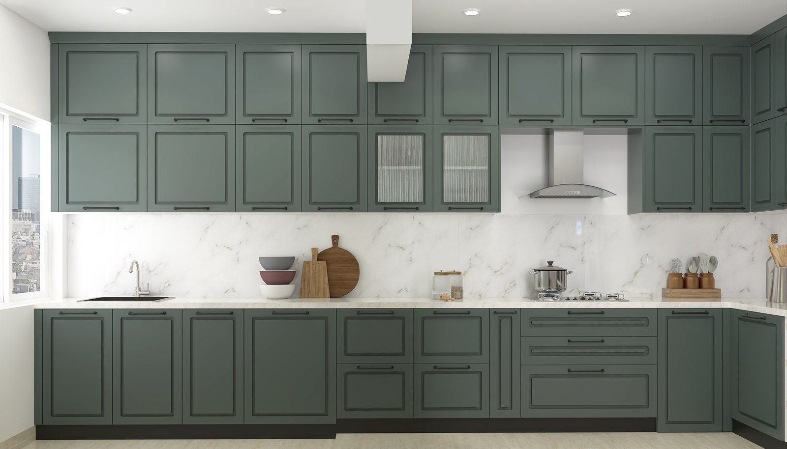 Classic L-Shaped Kitchen Design in Matte Green With Quartz Countertop