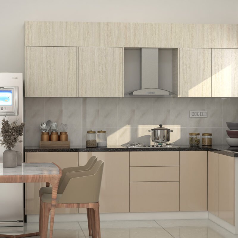 Cream and Teak Contemporary L-Shaped Kitchen Design With Granite Countertop