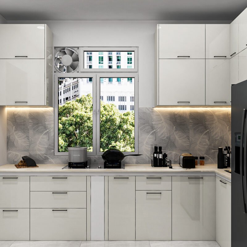 High-Gloss Contemporary L-Shaped Kitchen Design With Quartz Top