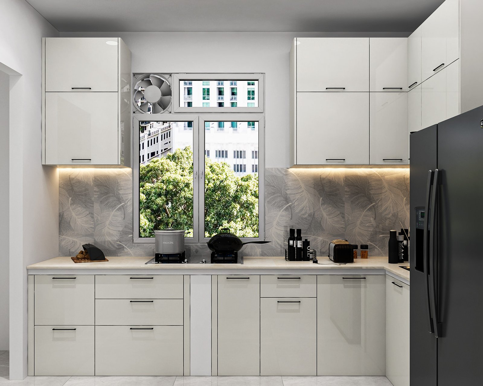 High-Gloss Contemporary L-Shaped Kitchen Design With Quartz Top