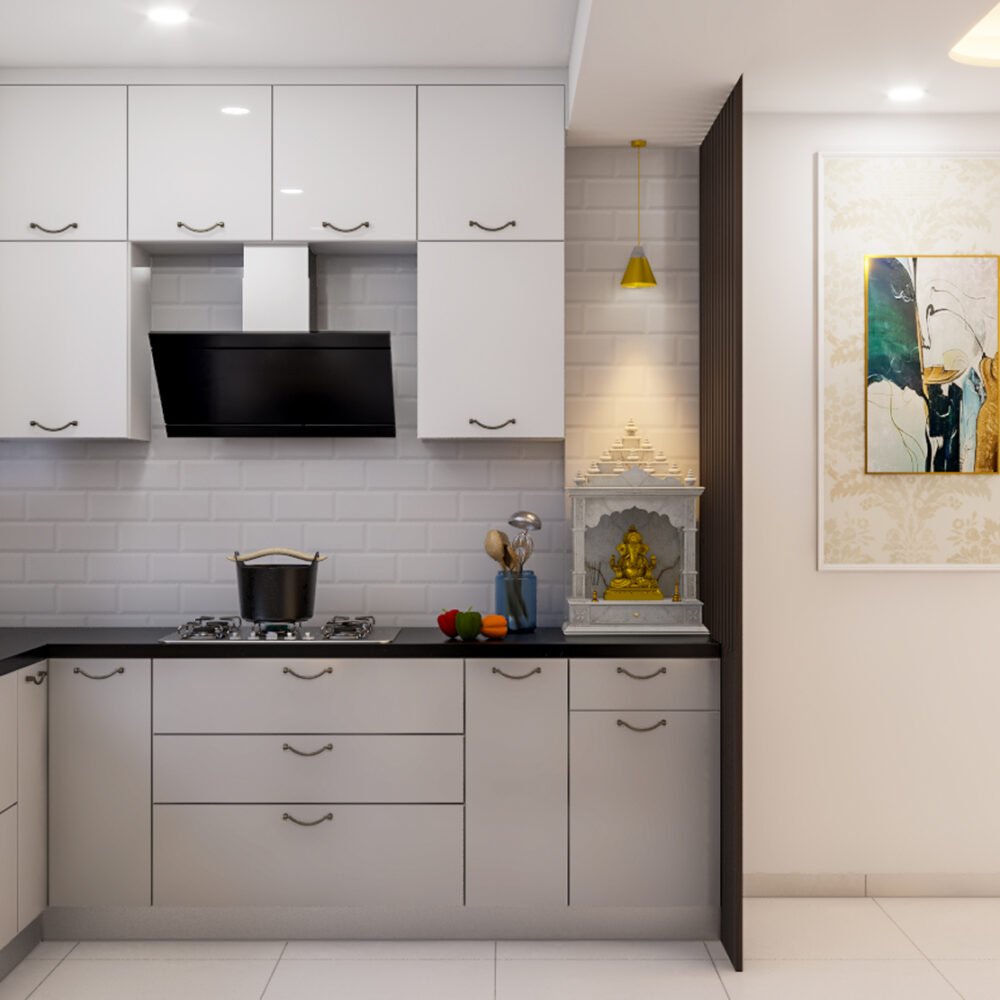 Modern L-Shaped Kitchen Design in Grey and White Gloss Finish