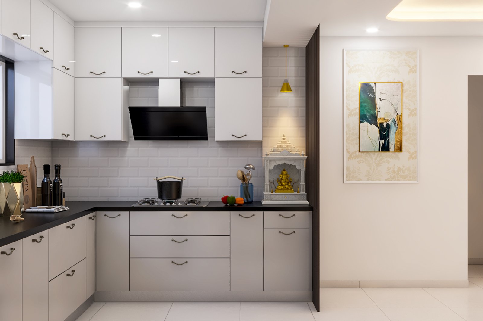 Modern L-Shaped Kitchen Design in Grey and White Gloss Finish