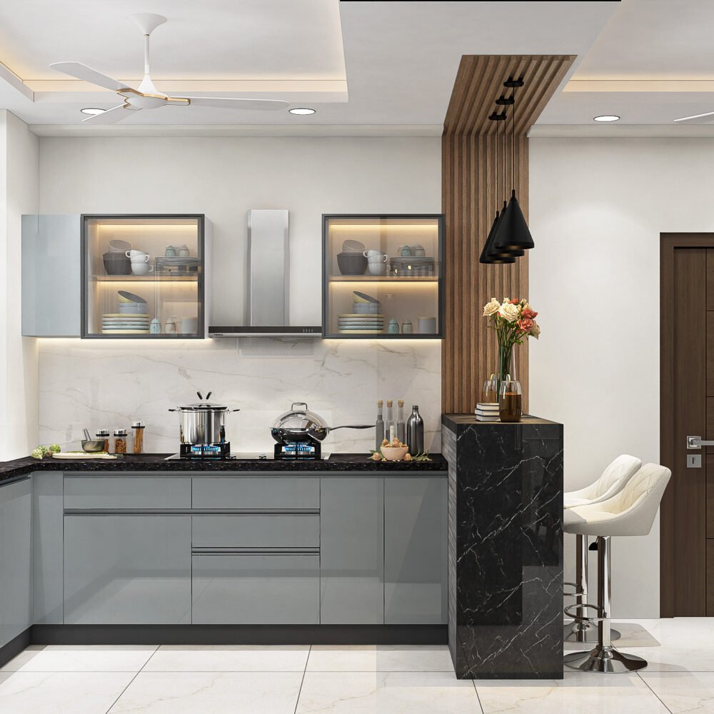 Contemporary L-Shaped Kitchen Design with Glossy Cabinets and Granite Countertop