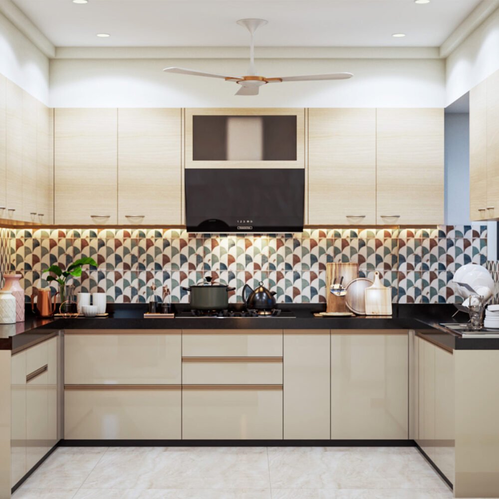 Contemporary U-Shaped Kitchen Design with Champagne and Wood Finish Cabinets