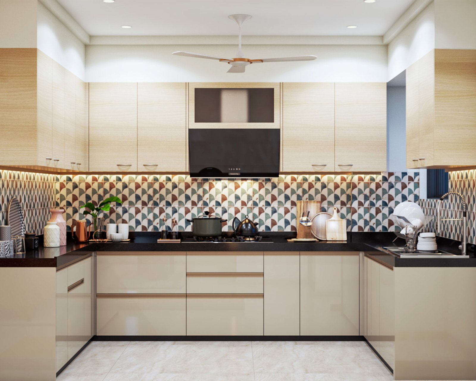 Contemporary U-Shaped Kitchen Design with Champagne and Wood Finish Cabinets