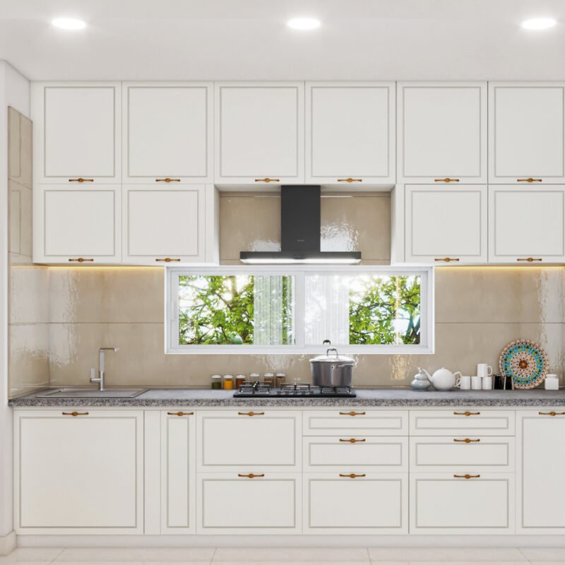 Modern Straight Kitchen Design With Matte Cabinets and Grey Granite Top