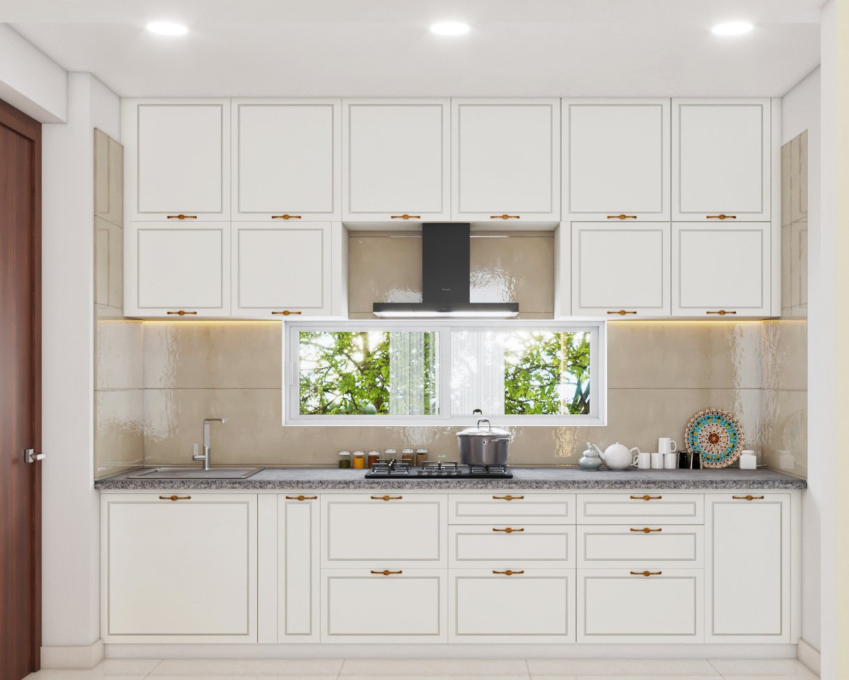 Modern Straight Kitchen Design With Matte Cabinets and Grey Granite Top