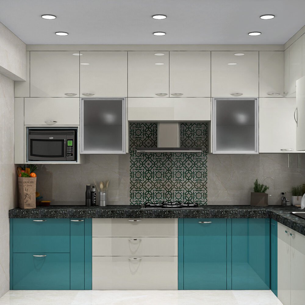 Glossy Teal and White L-Shaped Kitchen Design for Modern Homes
