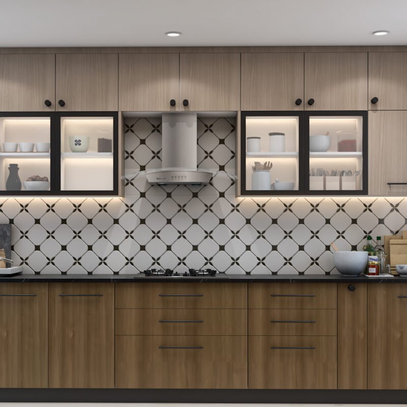 Contemporary Parallel Kitchen Design With Walnut Finish and Glass Cabinets