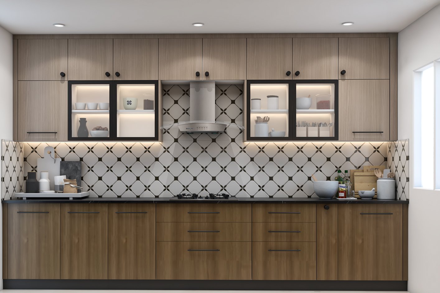 Contemporary Parallel Kitchen Design With Walnut Finish and Glass Cabinets