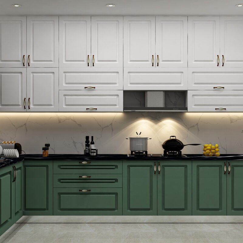 L-Shaped Classic Kitchen Design with Highland Green and Off White
