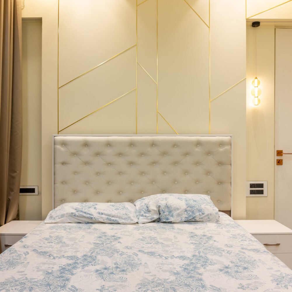 Modern Guest Bedroom Design with Queen Size Bed and Golden Trim