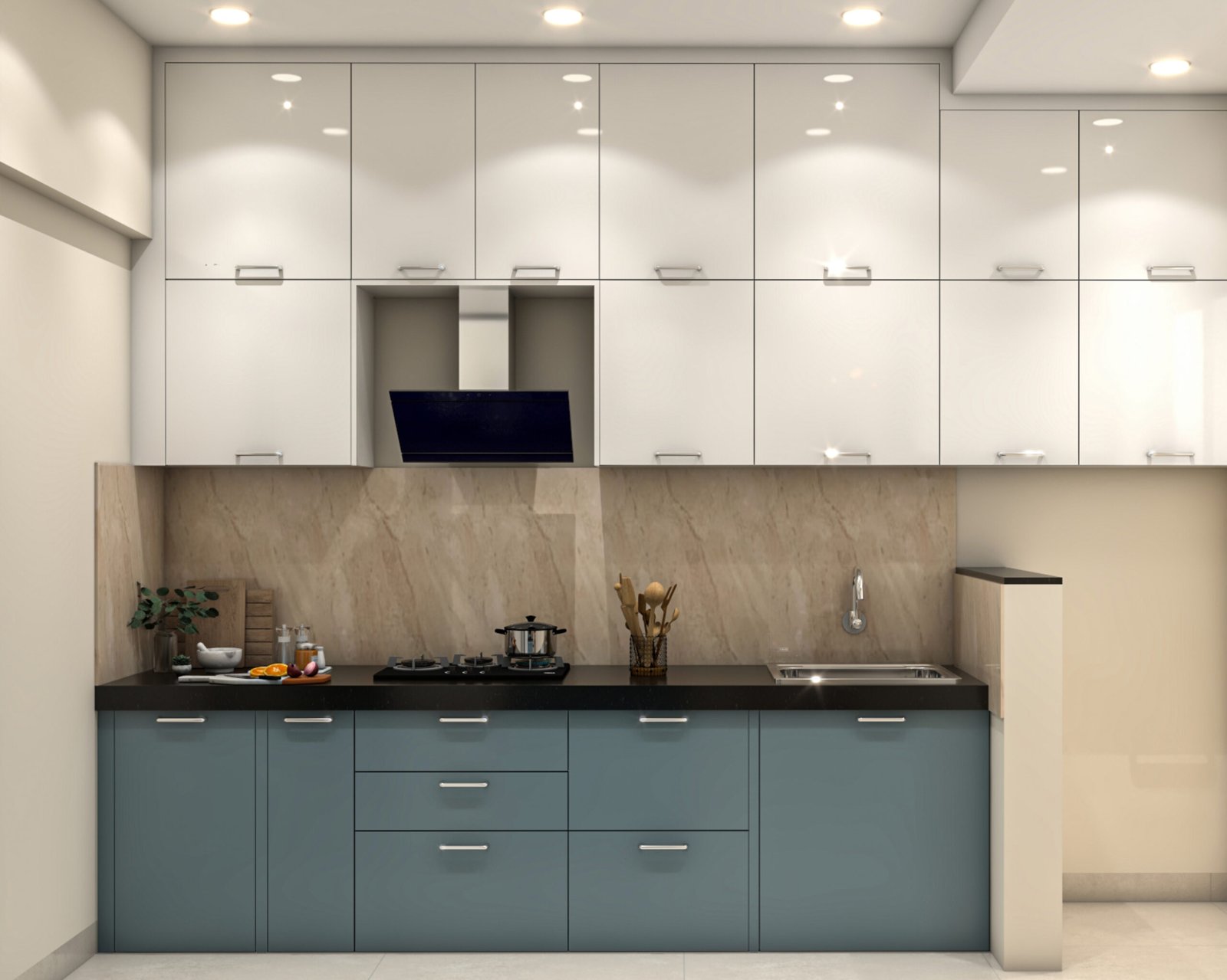 Contemporary Open Kitchen Design With Marble Backsplash