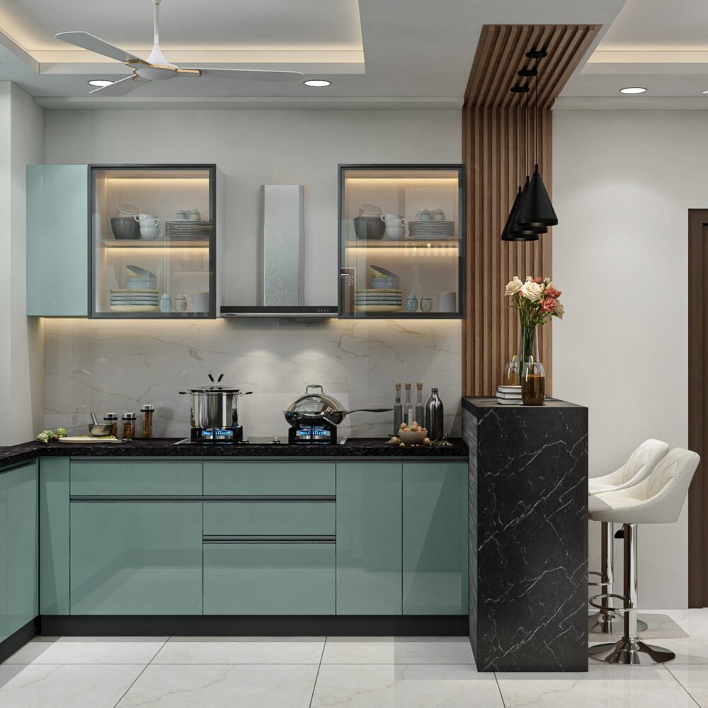 Metallic Blue Modern U-Shaped Kitchen Design With Seating and Granite Countertop