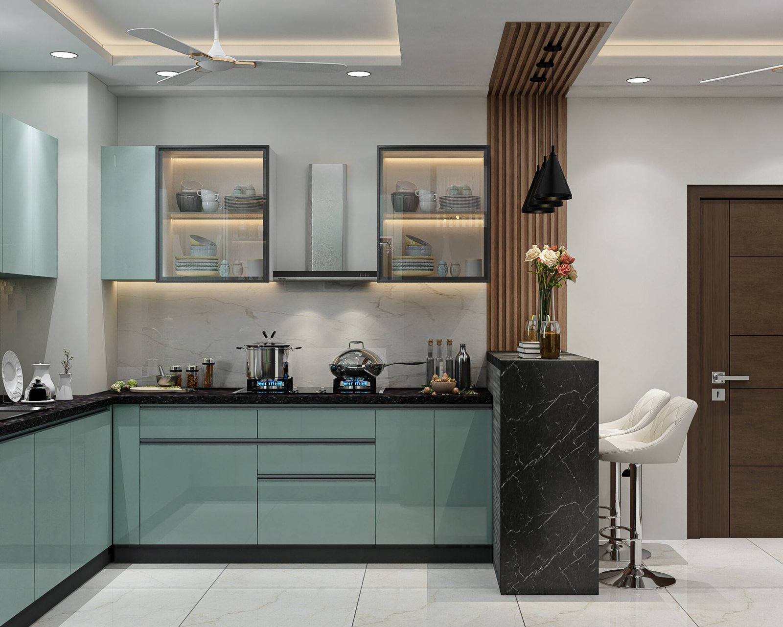 Metallic Blue Modern U-Shaped Kitchen Design With Seating and Granite Countertop