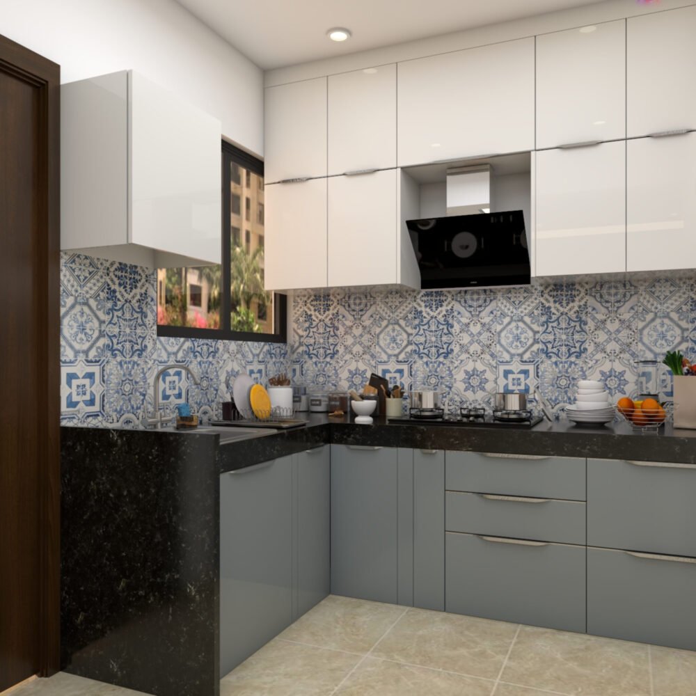 L-Shaped Modern Kitchen Design With Glossy White and Silver Cabinets