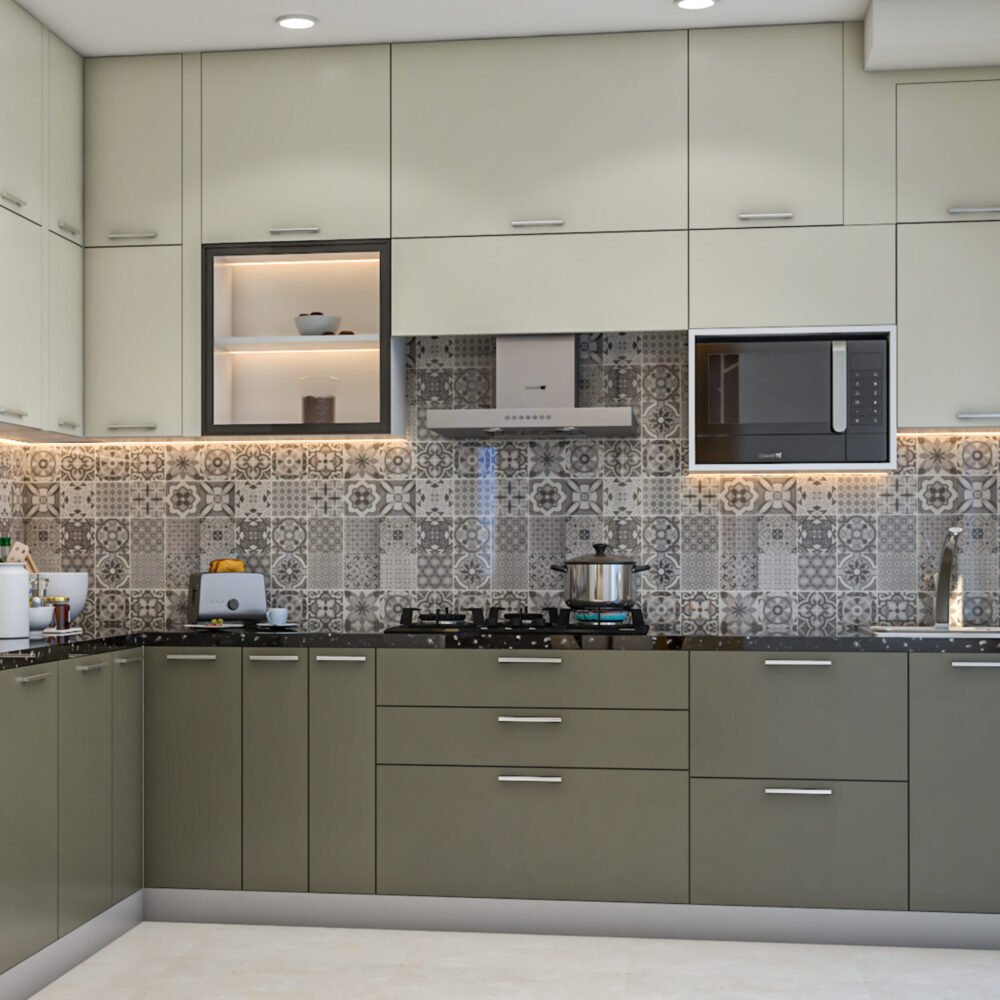 Contemporary L-Shaped Kitchen Design in White and Grey