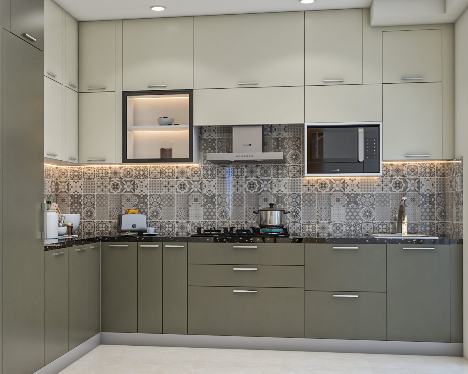 Contemporary L-Shaped Kitchen Design in White and Grey