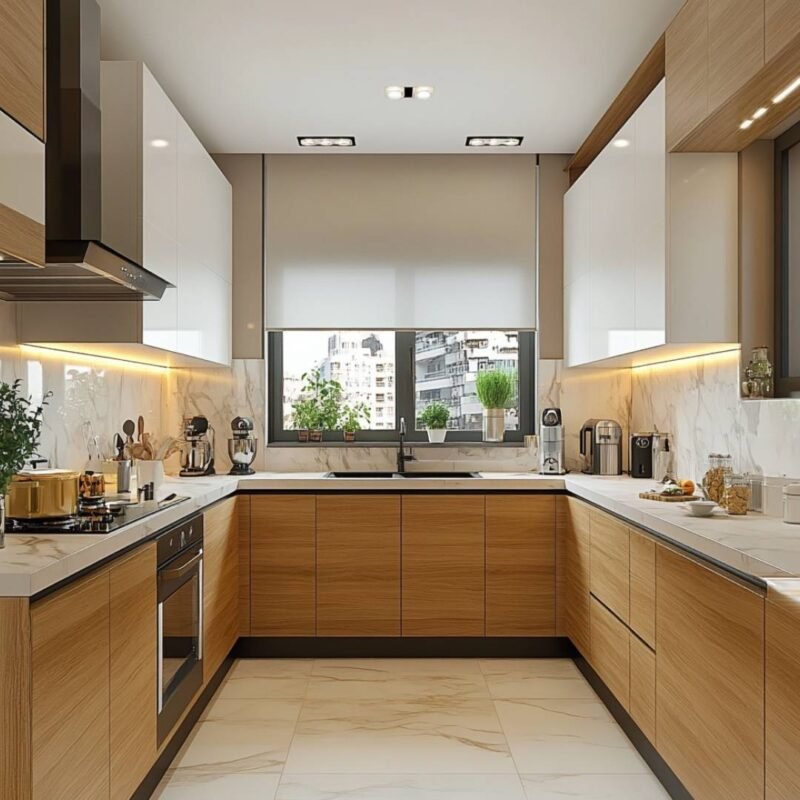 Classic U-Shaped Kitchen Design in Acacia and White with Quartz Top