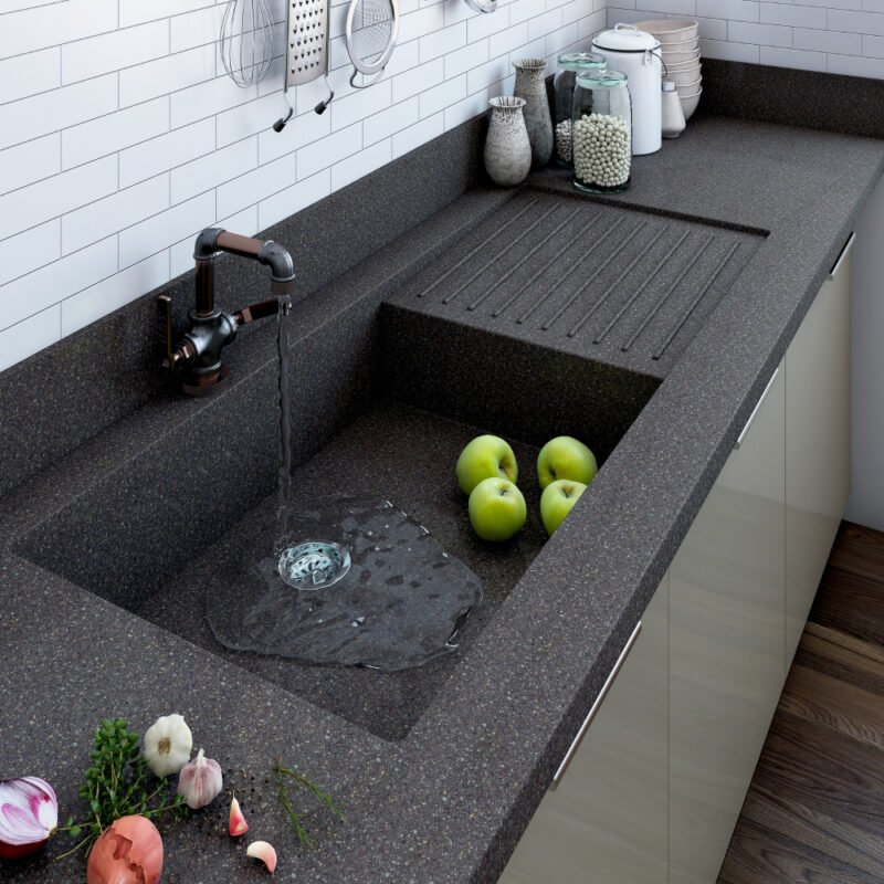 Granite Double Bowl Kitchen Sink Design with Drainboard