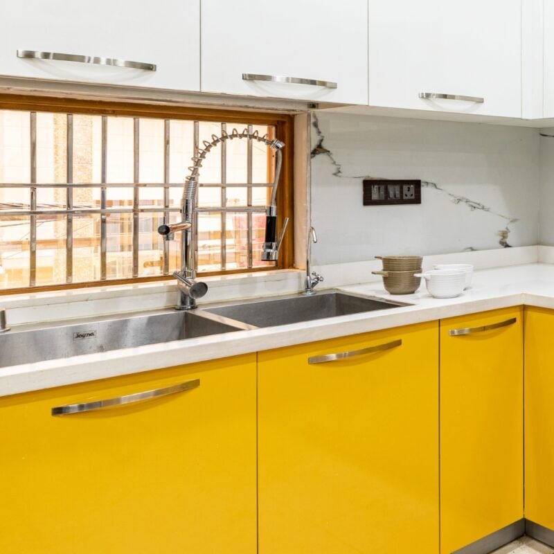 Modern Double Bowl Stainless Steel Kitchen Sink With Yellow Kitchen Cabinets