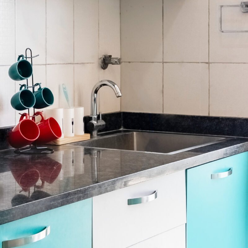 Modern Square Stainless Steel Basin Wash With Blue-White Kitchen Cabinets