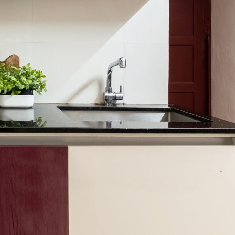 Contemporary Stainless Steel Under Mount Kitchen Sink Design With Red-White Kitchen Cabinets