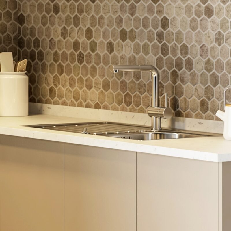 Modern Stainless Steel Basin Wash With Top Mount Sink And Hexagonal Dado Tiles