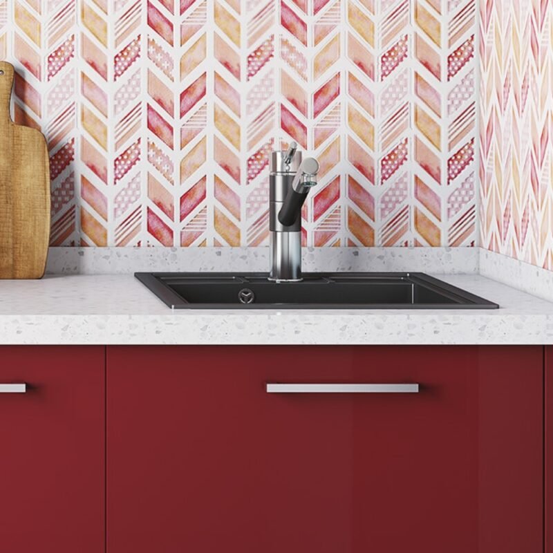 Modern Rectangle Black Quartz Basin Wash With Single Bowl And Red Kitchen Cabinets