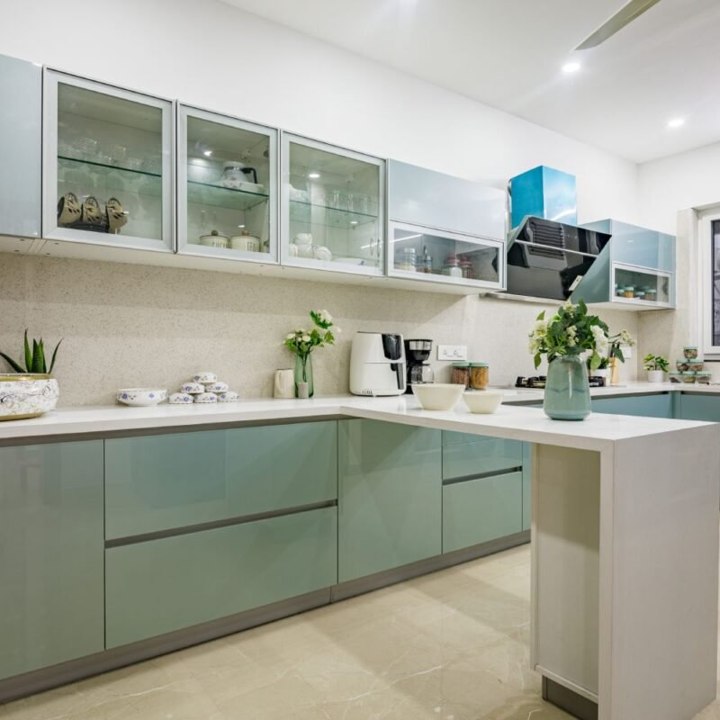 4BHK Contemporary Flat Design with Wooden Accents and L Shaped Kitchen