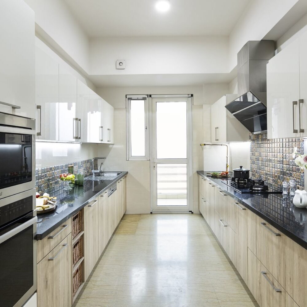 Mid-Century Modern 3BHK Flat Design with Warm Living Room and Vibrant Balcony Design