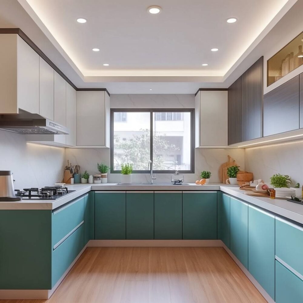 Modern U-Shaped Kitchen Design in Blue and Frosty Acacia with Quartz Countertop