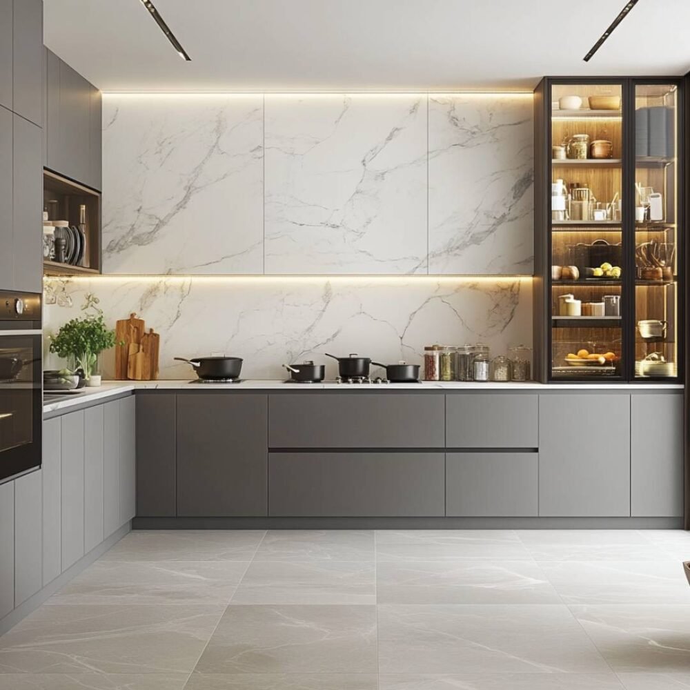 Modern L-Shaped Kitchen Design in Grey and Cream Marble