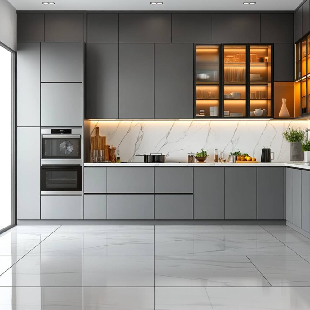Modern Grey L-Shaped Kitchen Design with Quartz Countertop