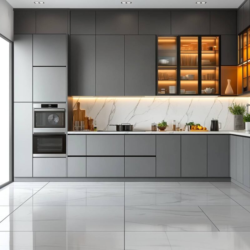Modern Grey L-Shaped Kitchen Design with Quartz Countertop