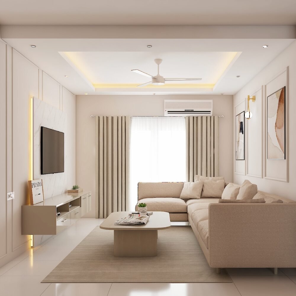 Scandinavian Living Room Design with Beige Upholstered L-Shape Sofa